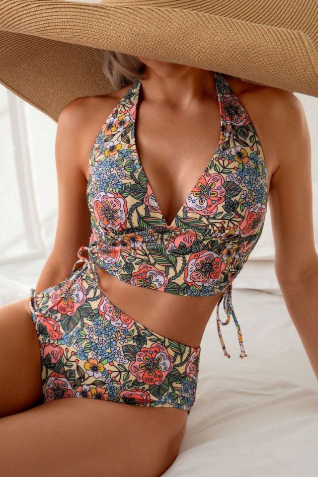 Bella Notte Çok Renkli Çiçek Bahçesi Yüksel Bel Bikini Takım M-9023