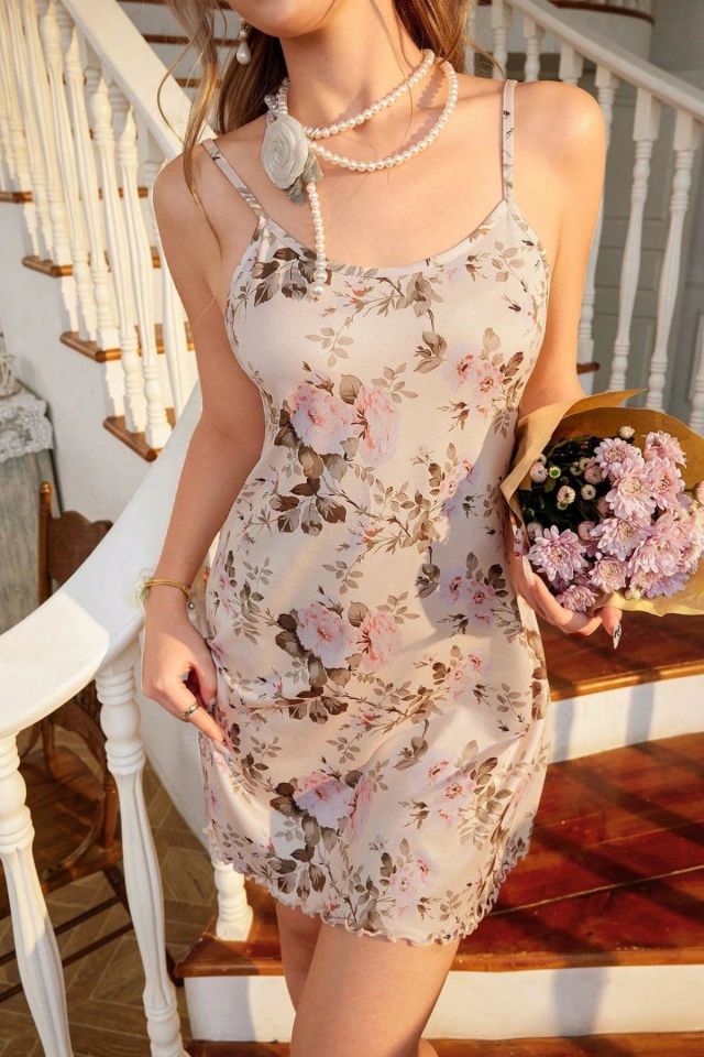 Bella Notte Bej Çiçek Baskılı Askılı Mini Gecelik 15967