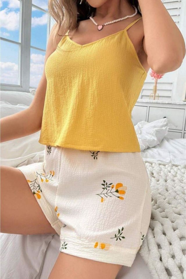 Bella Notte Sarı Bahar Dalı Yaprakları Ev İçi Şort Takım 7717