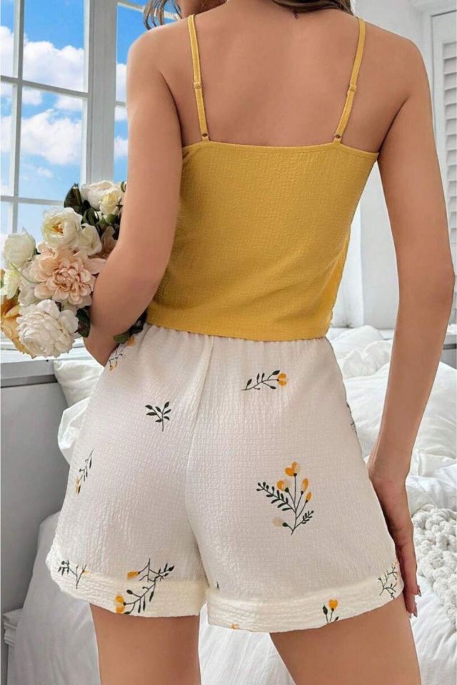 Bella Notte Sarı Bahar Dalı Yaprakları Ev İçi Şort Takım 7717