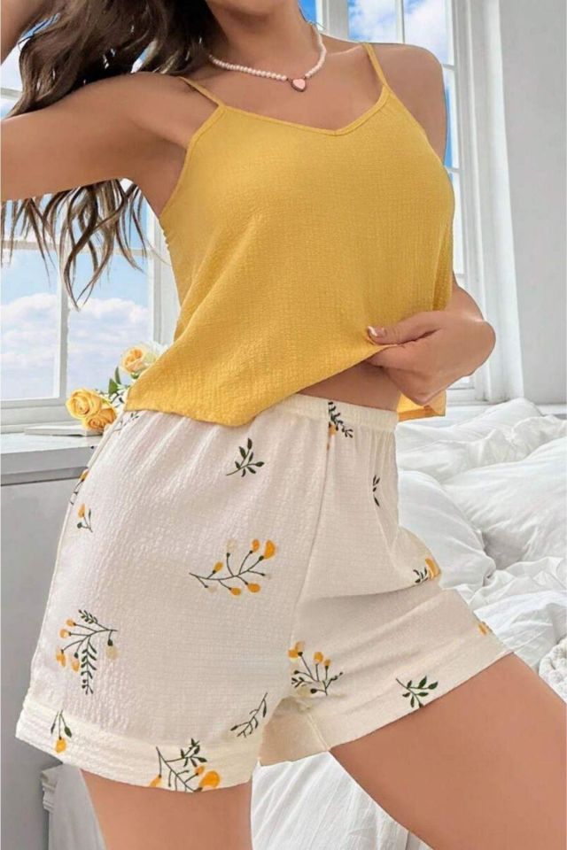 Bella Notte Sarı Bahar Dalı Yaprakları Ev İçi Şort Takım 7717