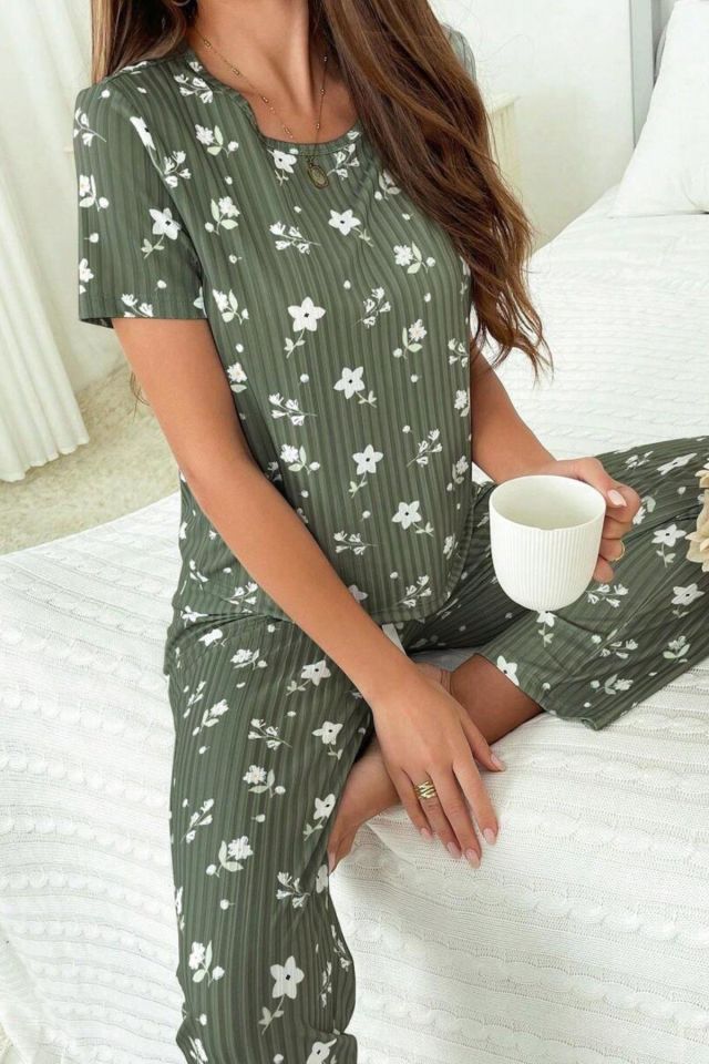 Bella Notte Yeşil Fitilli Floral Kısa Kollu Pijama Takımı 7303