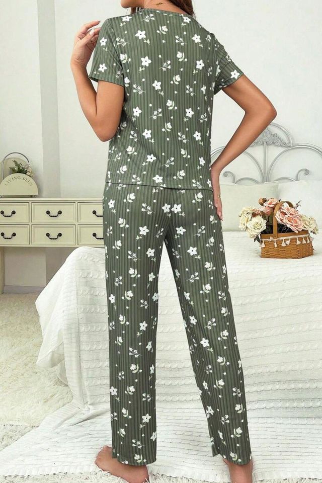 Bella Notte Yeşil Fitilli Floral Kısa Kollu Pijama Takımı 7303