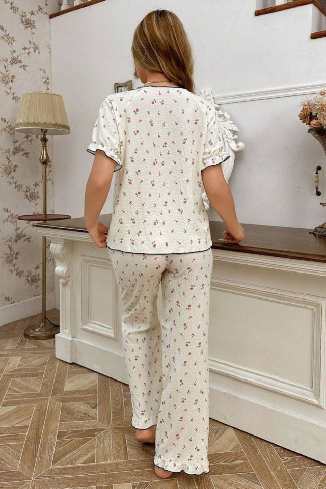 Bella Notte Ekru Retro Model Kare Yaka Pijama Takımı 7309
