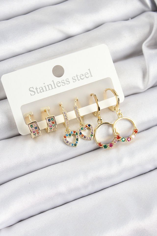 Pirinç Zirkon Taşlı Kalp Ve Halka Model Gold Renk 6'lı Set Kadın Küpe