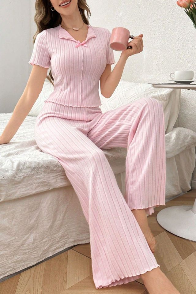 Bella Notte Pembe Fiyonk Detaylı Pamuklu Kısa Kollu Pijama Takımı 7169