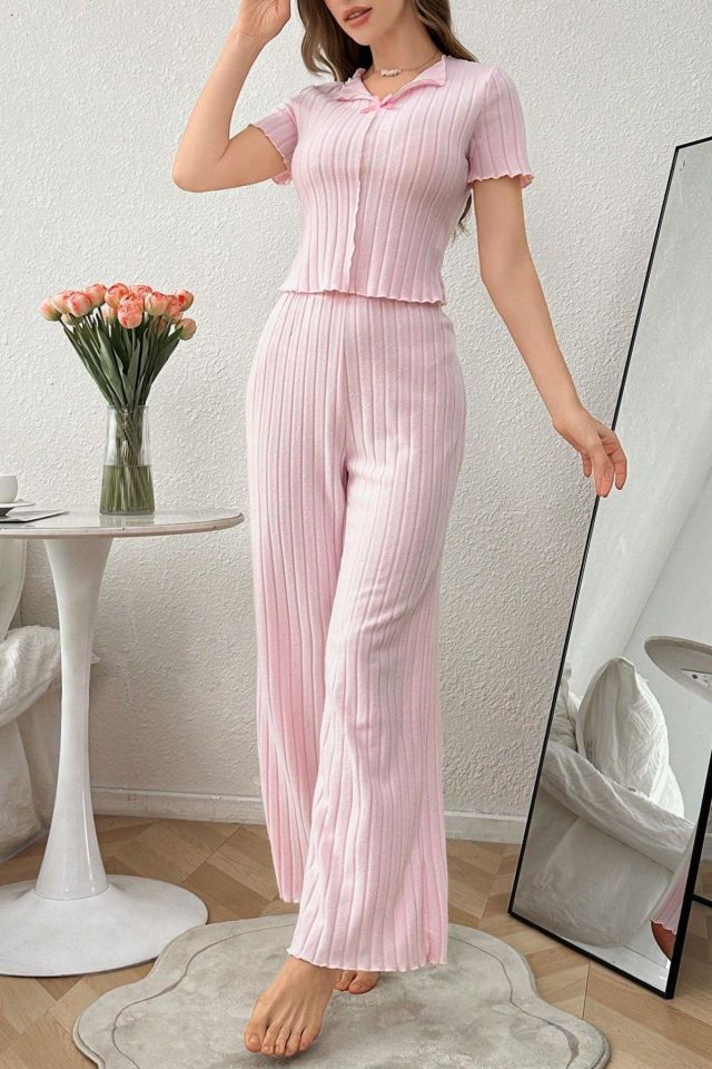 Bella Notte Pembe Fiyonk Detaylı Pamuklu Kısa Kollu Pijama Takımı 7169