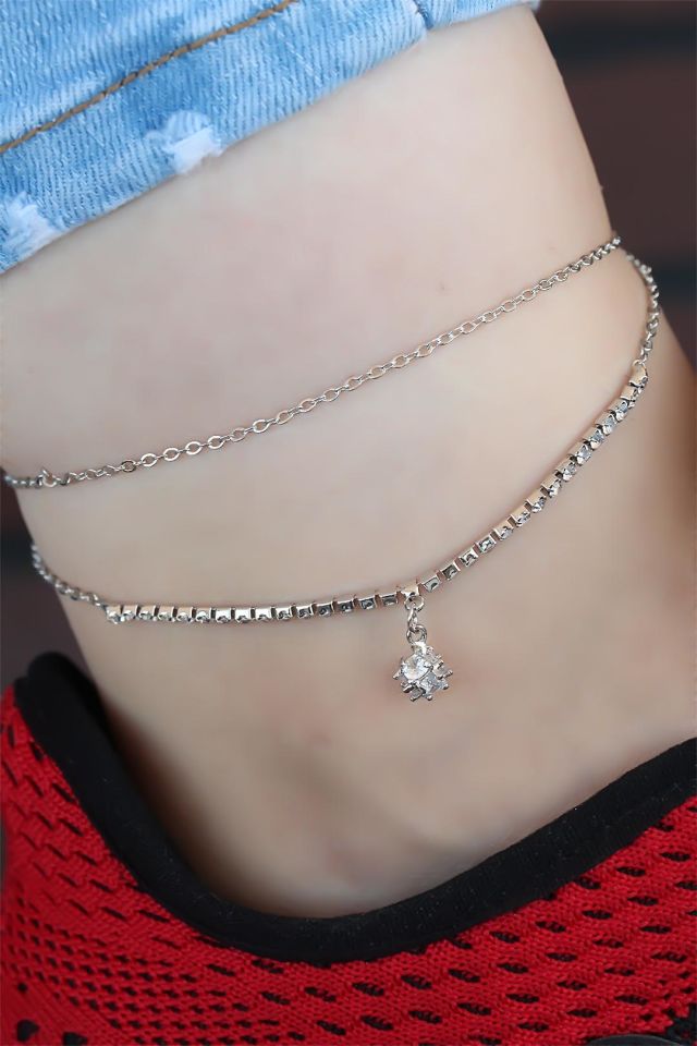 Zirkon Taşlı Silver Renk Çift Zincir Hal Hal