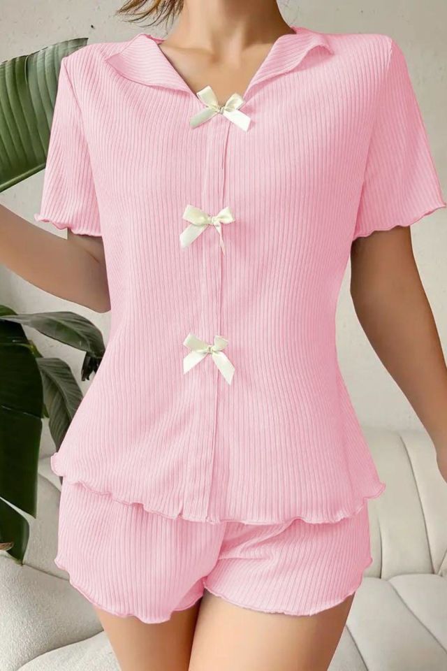 Bella Notte Pembe V Yaka Pamuklu Fiyonk Detaylı Pijama Takımı 7713