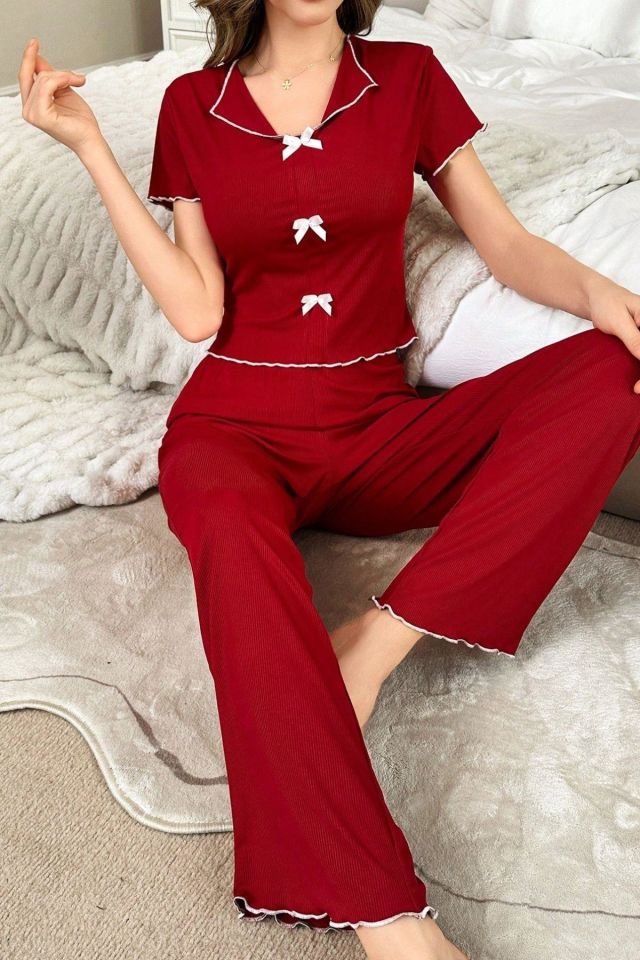 Bella Notte Bordo Fiyonklu Pamuklu Kısa Kollu Pijama Takımı 7161