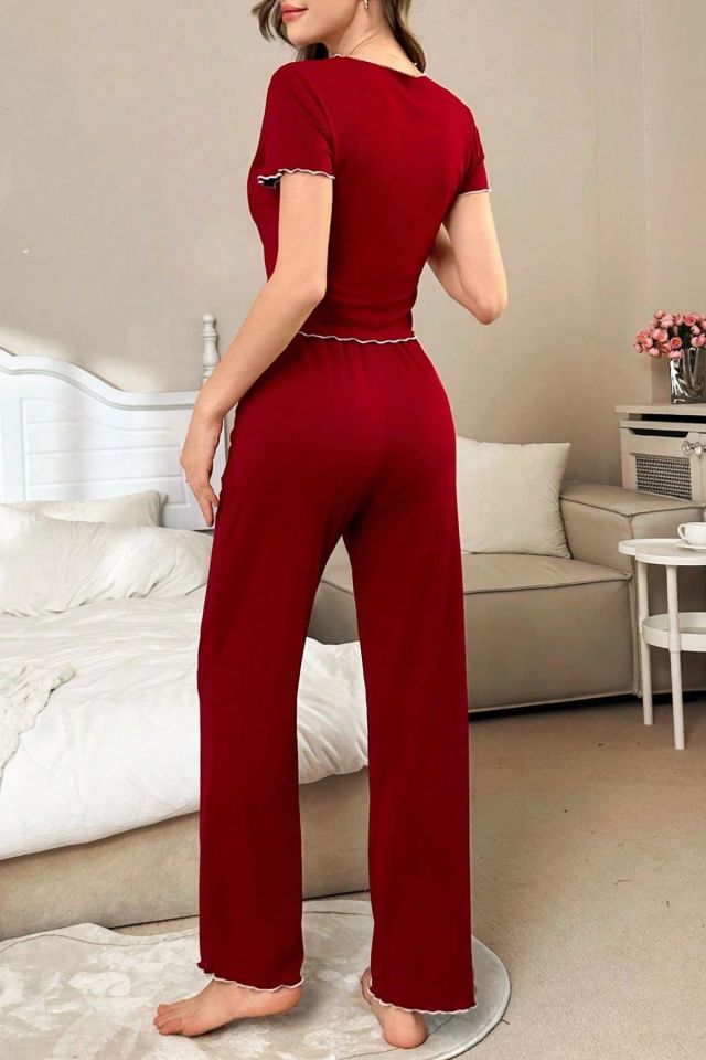 Bella Notte Bordo Fiyonklu Pamuklu Kısa Kollu Pijama Takımı 7161