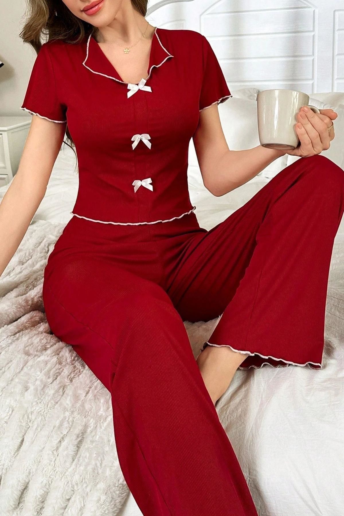 Bella Notte Bordo Fiyonklu Pamuklu Kısa Kollu Pijama Takımı 7161