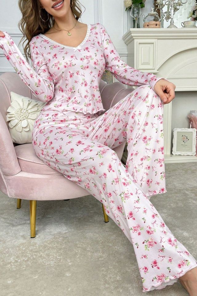 Bella Notte Pembe Çiçek Baskılı Pamuklu Pijama Takımı 7301