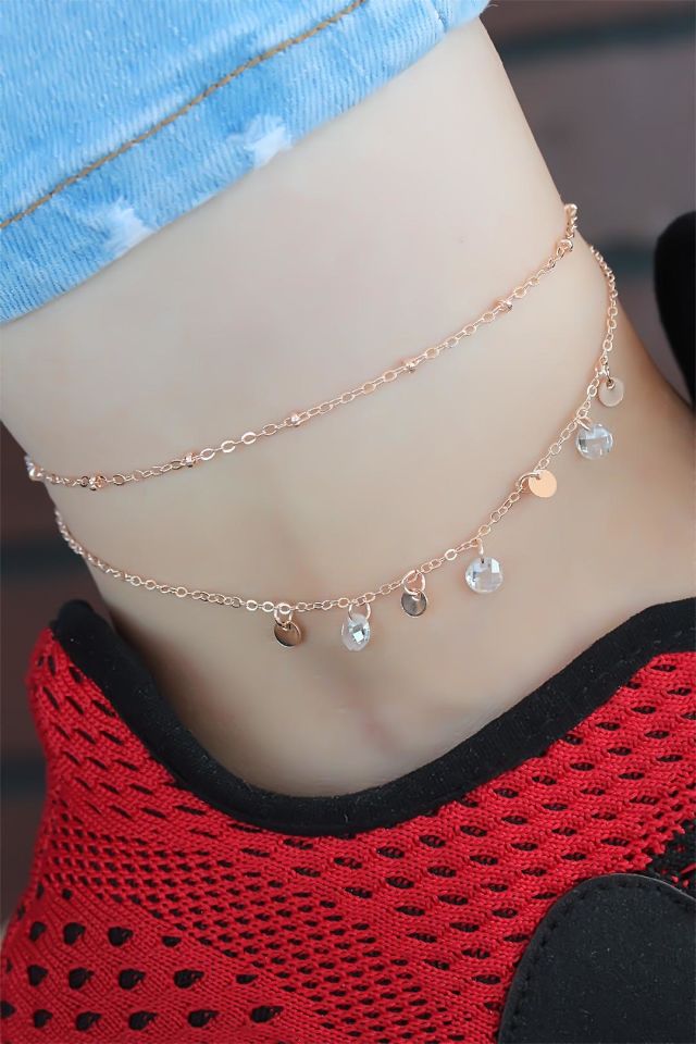 Zirkon Taşlı Rose Renk Çift Zincirli Hal Hal