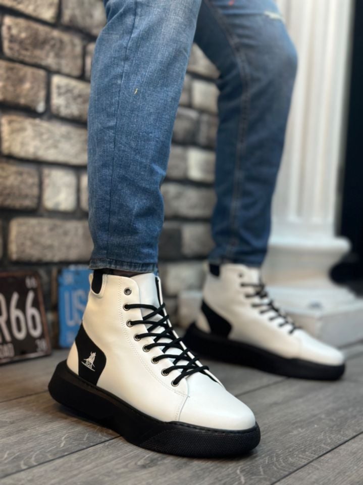 BA0155 Bağcıklı Erkek Yüksek Taban Beyaz Siyah Taban Spor Bot