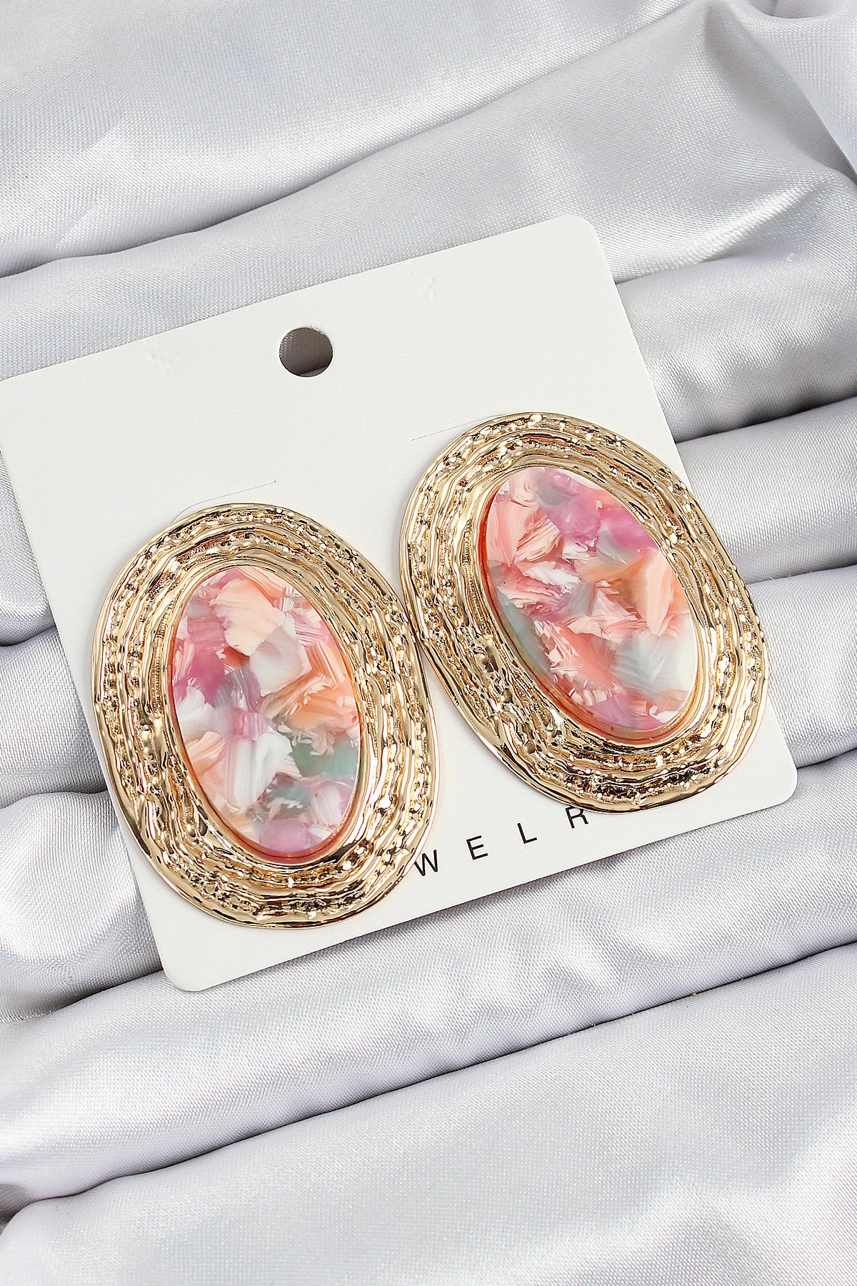 Pirinç Mermer Desenlli Pembe Sedef Oval Vintage Model Gold Renk Kadın Küpe
