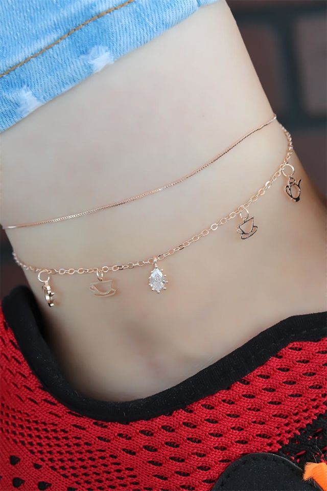 Zirkon Taşlı Rose Renk Çift Zincirli Hal Hal