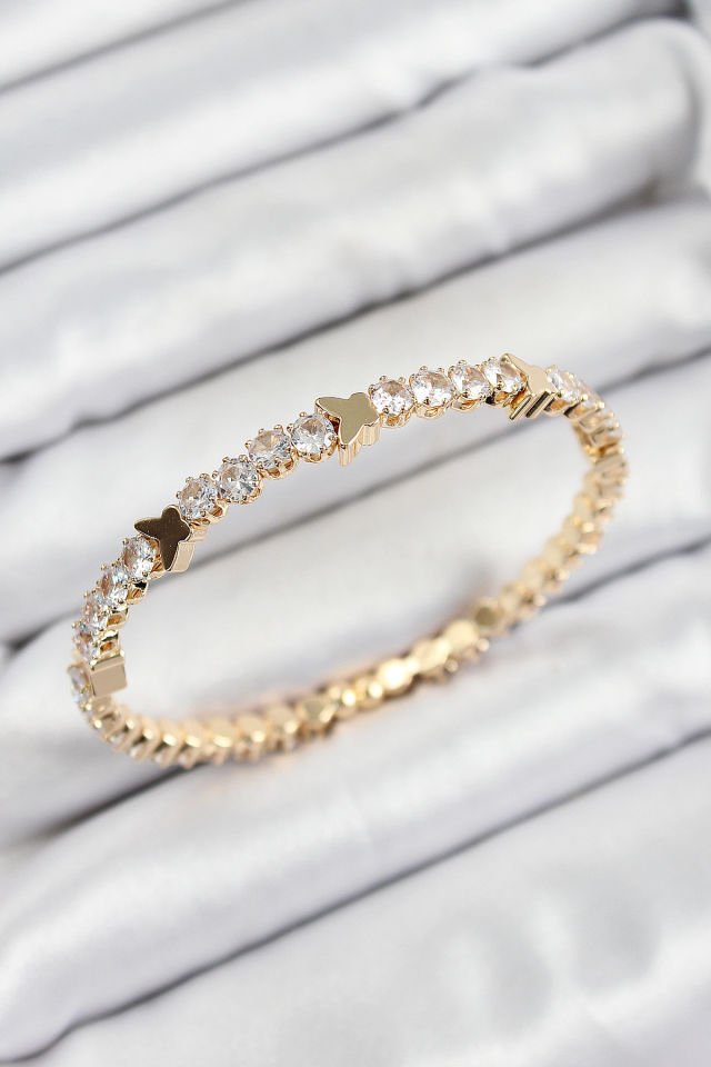 Pirinç Zirkon Taşlı Kelebek Model Gold Renk Yaylı Kadın Bileklik