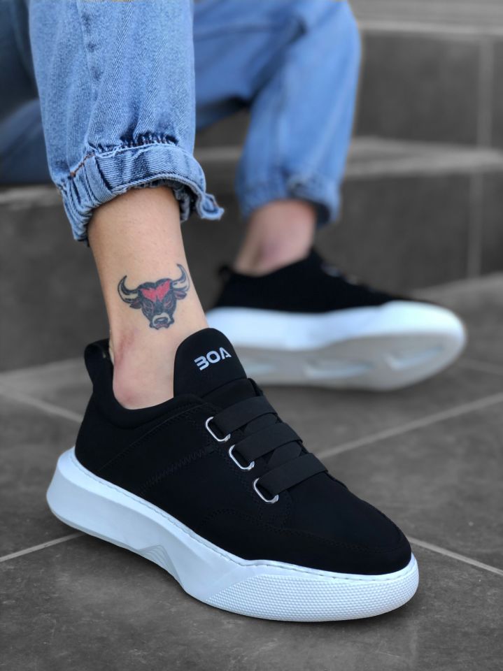 BA0160 Bantlı Erkek Yüksek Taban Siyah Beyaz Taban Spor Ayakkabı