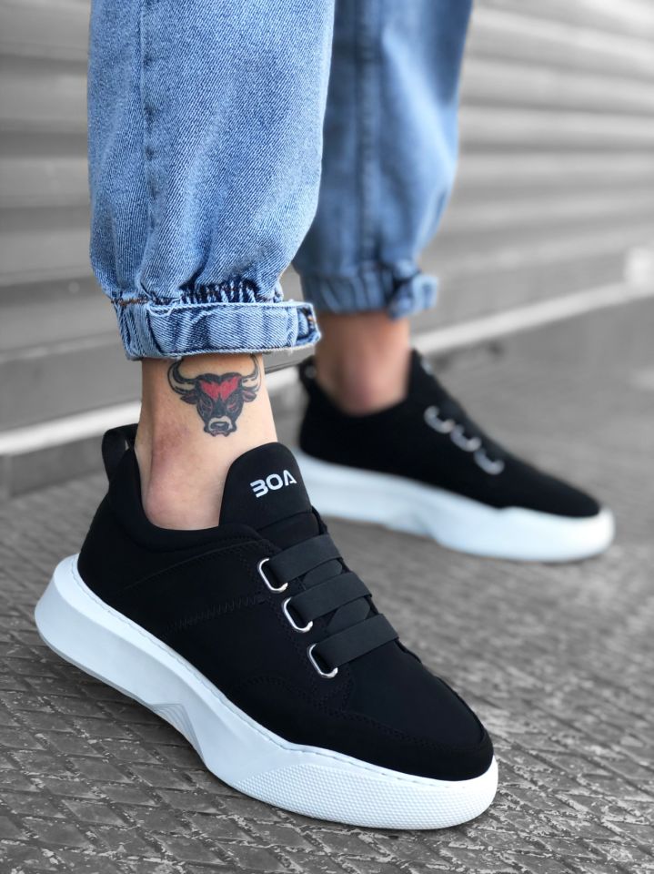 BA0160 Bantlı Erkek Yüksek Taban Siyah Beyaz Taban Spor Ayakkabı