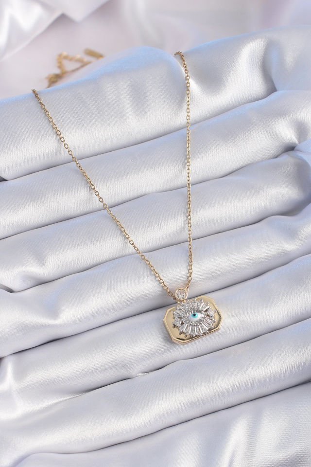 Kadın Gold Göz Kolye – Kare Gümüş Zirkon Taşlı Vintage 316L Çelik Tasarım