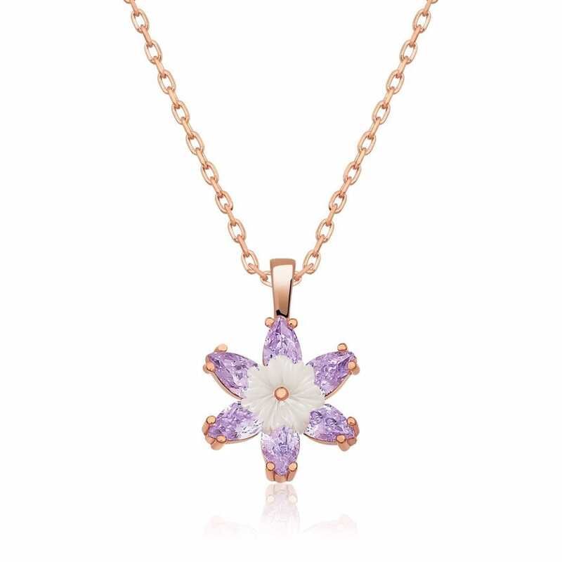 Gümüş Rose Lila Lotus Çiçeği Kolye
