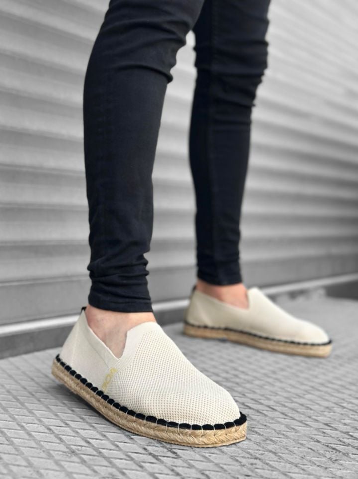 BA0224 BOA Rahat Düz Taban Espadril Örme Triko Bej Günlük Erkek Ayakkabı