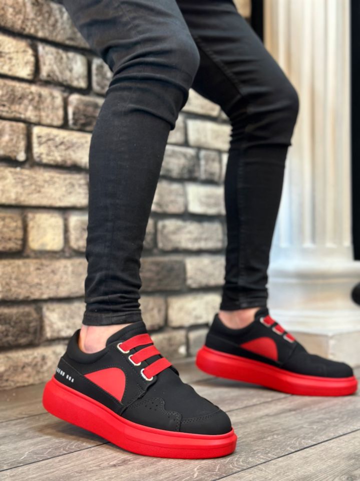 BA0302 Boa Kalın Taban Bağcıksız Tarz Casual Siyah Kırmızı Erkek Ayakkabı
