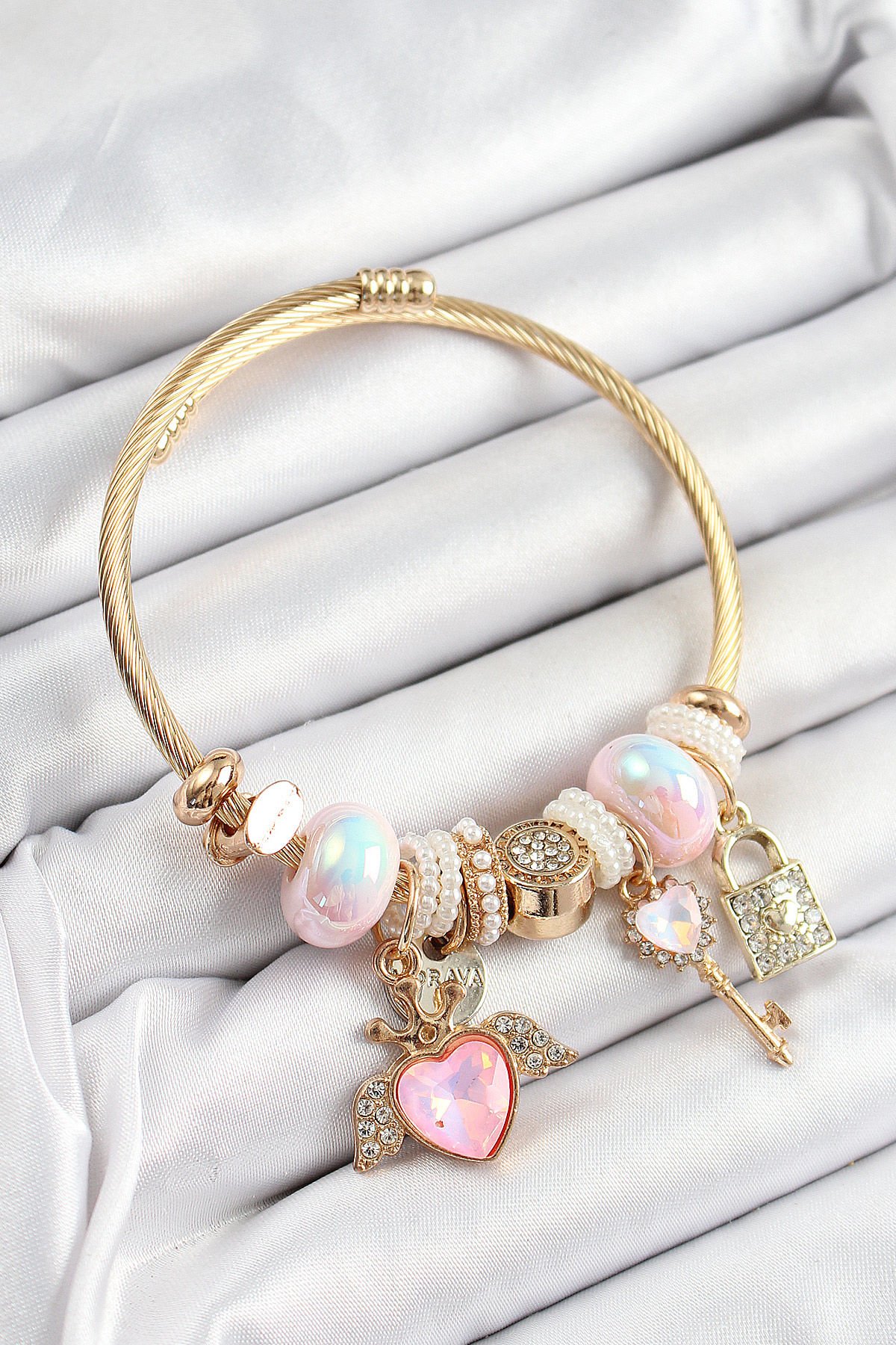 316L Çelik Pembe Zirkon Taşlı Kilit Anahtar Ve Kalp Model Gold Renk Charm BileklikCharm Bileklik