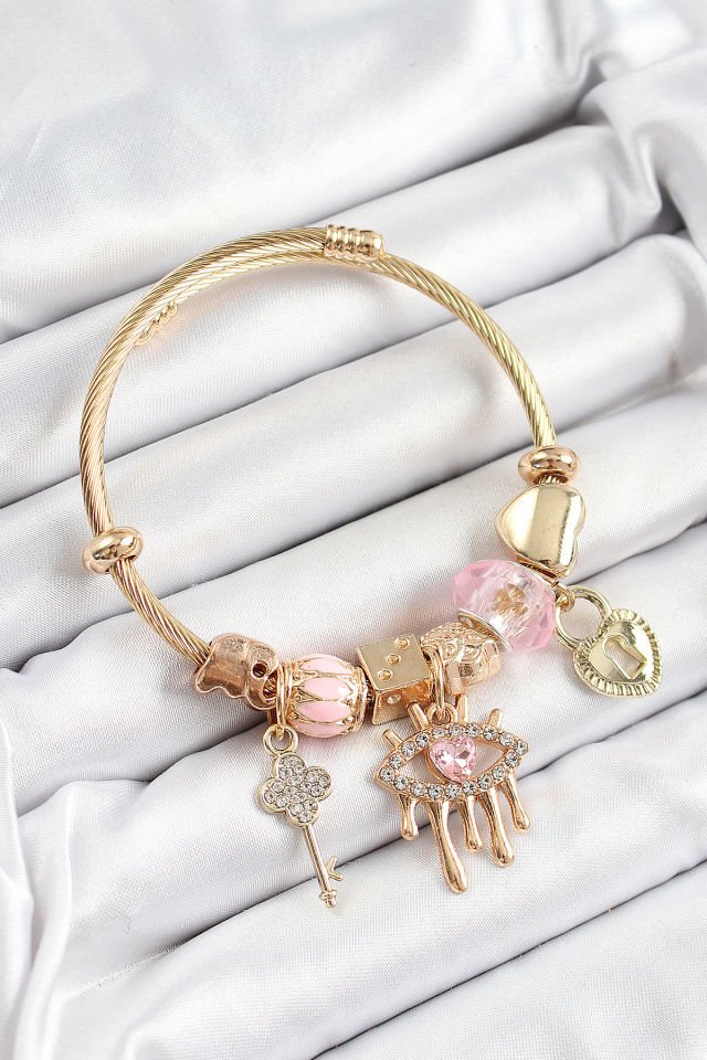 316L Çelik Pembe Zirkon Taşlı Kilit Göz Ve Anahtar Model Gold Renk Charm Bileklik