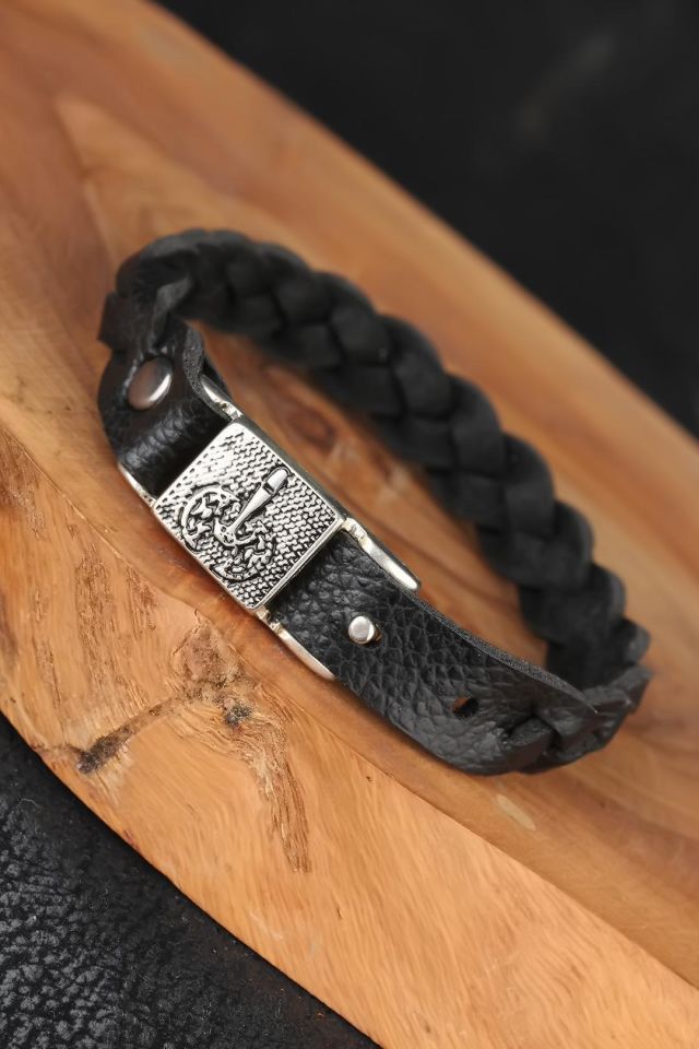 Siyah Örgü Model Deri Erkek Bileklik