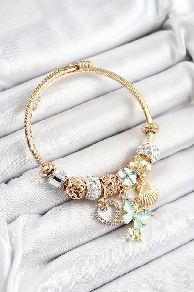 316L Çelik Mavi Zirkon Taşlı Kalp Kelebek Ve İstiridye Model Gold Renk Charm Bileklik
