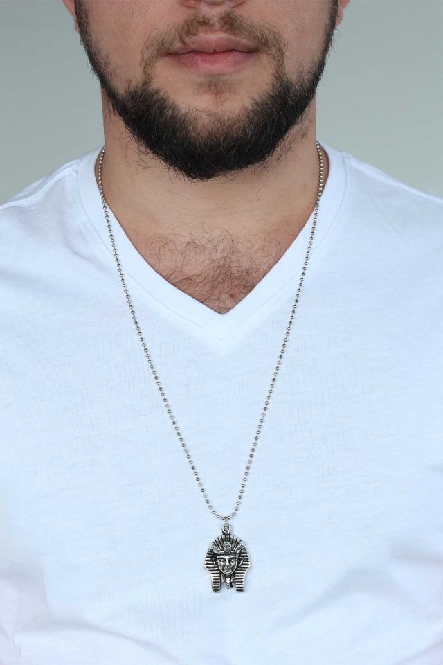 Gümüş Renk Krom Kaplama Kararmaz Firavun Tasarım Metal Erkek Kolye