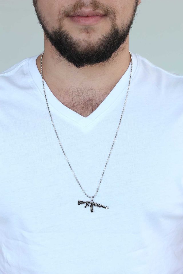 Gümüş Renk Krom Kaplama Kararmaz Tüfek Tasarım Metal Erkek Kolye