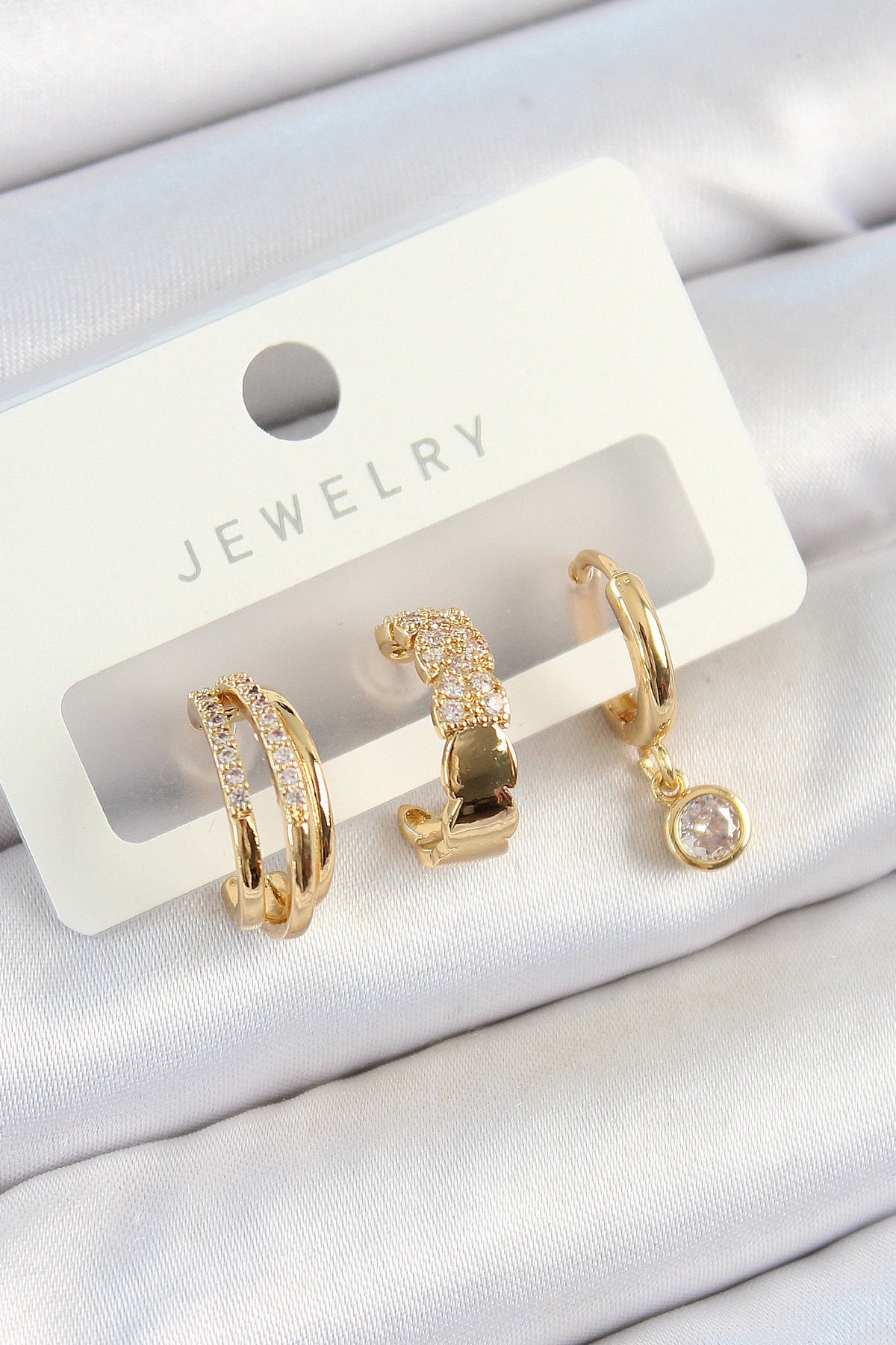 Pirinç Zirkon Taşlı Halka Model Gold Renk 3'lü Çift Kadın Küpe Set
