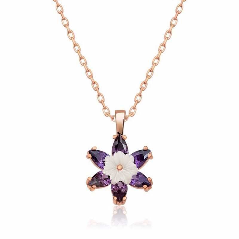 Gümüş Rose Mor Lotus Çiçeği Kolye