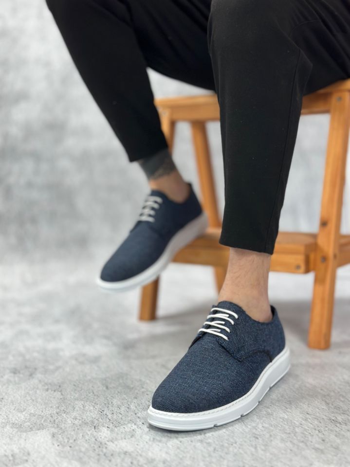 BA0003 Bağcıklı Klasik Spor Keten Lacivert  Beyaz Taban Casual Erkek Ayakkabı