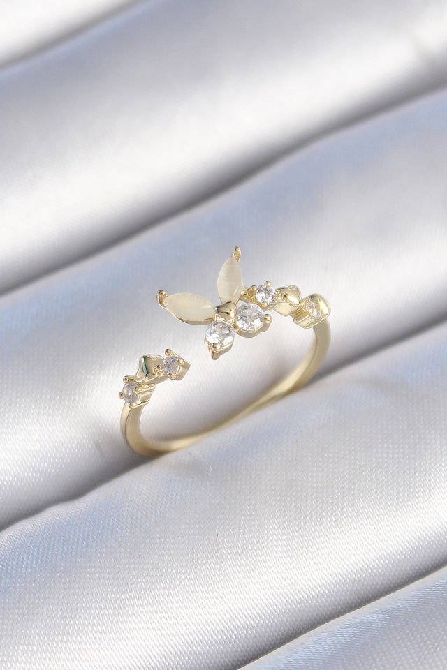Gold Zirkon Taşlı Kadın Yüzük - Beyaz Mineli Kelebek Model