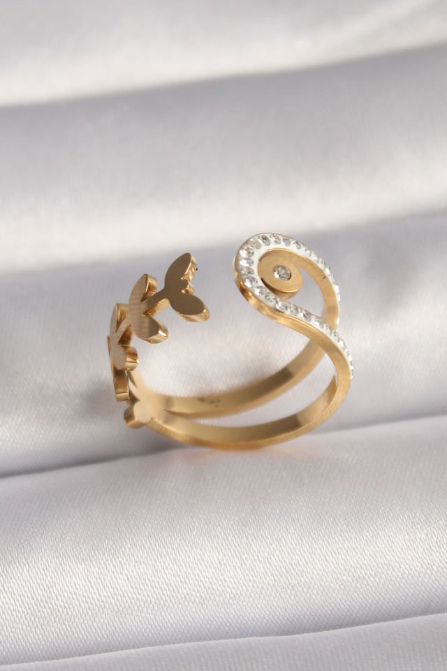 316L Çelik Gold Renk Zirkon Taşlı Yaprak Model Kadın Yüzük