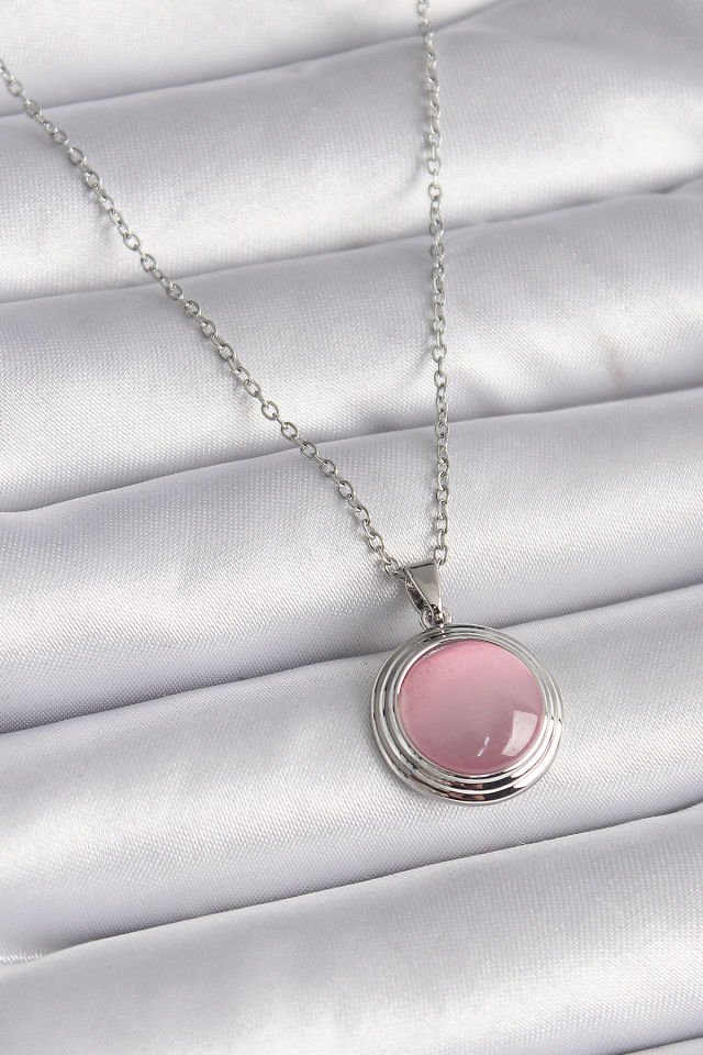 Gümüş Pembe Sedefli Daire Kolye