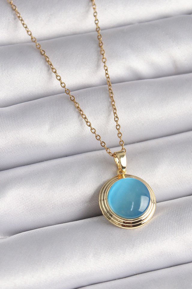 Gold Mavi Sedefli Daire Kolye