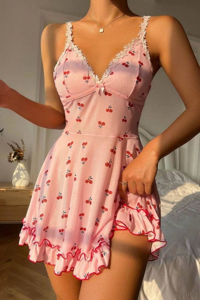 Bella Notte Pembe Kiraz Desenli Askılı Gecelik 15565