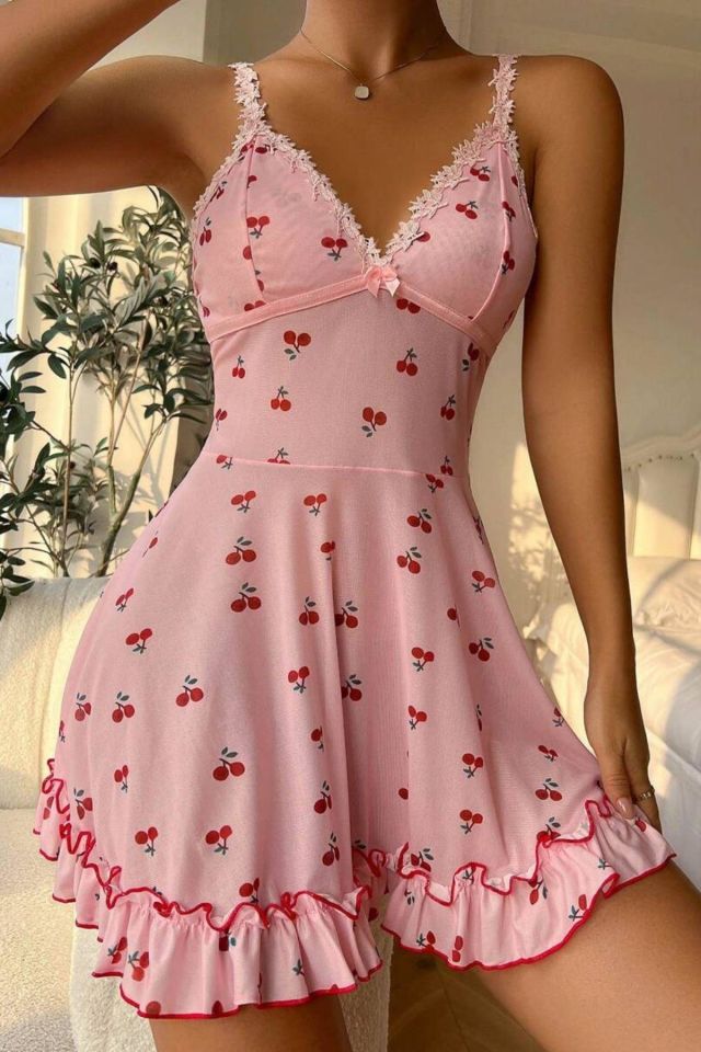 Bella Notte Pembe Kiraz Desenli Askılı Gecelik 15565