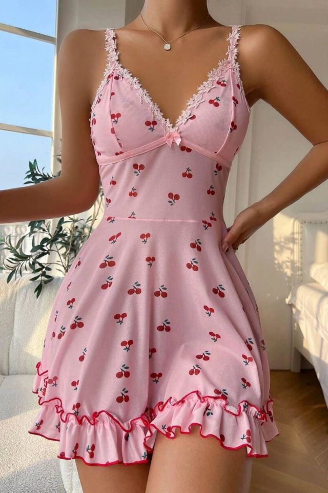 Bella Notte Pembe Kiraz Desenli Askılı Gecelik 15565