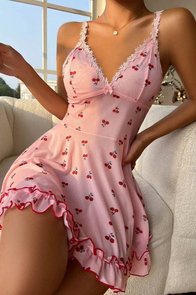 Bella Notte Pembe Kiraz Desenli Askılı Gecelik 15565