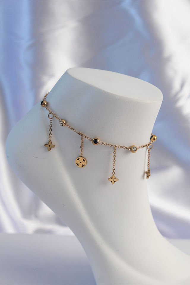 316L Çelik Gold Renk Zirkon Taşlı Sallantılı Yonca Model Halhal