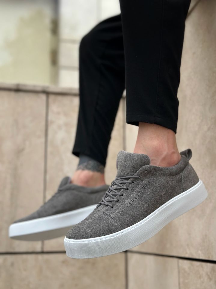 BA0104 Bağcıklı Gri Süet Beyaz Taban Spor Klasik Erkek Ayakkabı