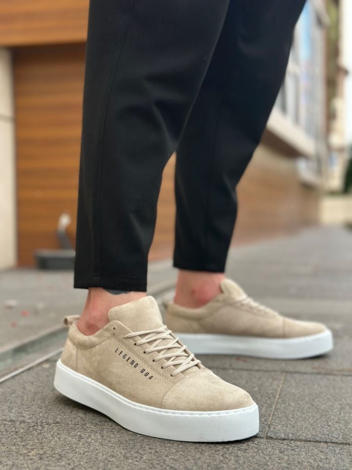 BA0104 Bağcıklı Krem Süet Beyaz Taban Spor Klasik Erkek Ayakkabı