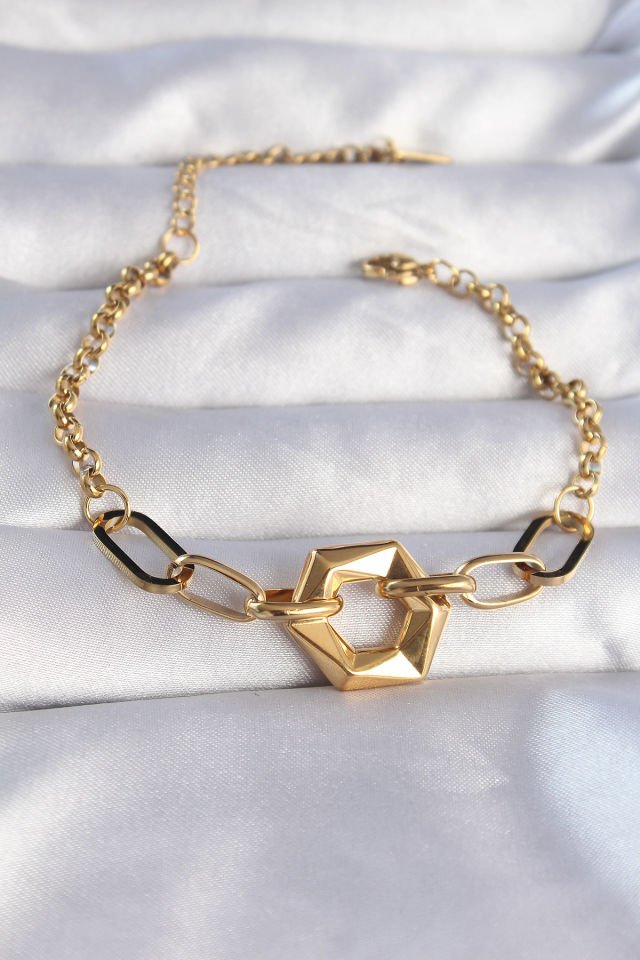 316L Çelik Gold Renk Geometrik Model Zincir Bileklik