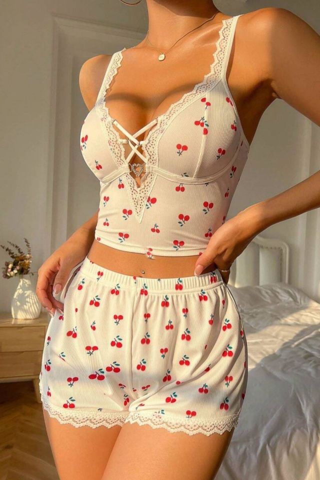 Bella Notte Beyaz Kiraz Rüyası Şort Takım 7539